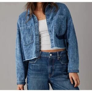 American Eagle Cropped Blue Stonewashed Denim Shirt Jacket Fringed Pocket L XL